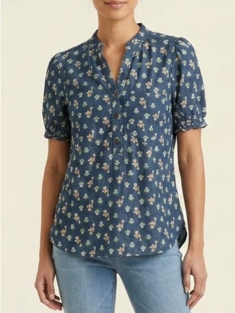 Anthropologie Pilcro Blue Floral Split-Neck Short Sleeve Tunic
